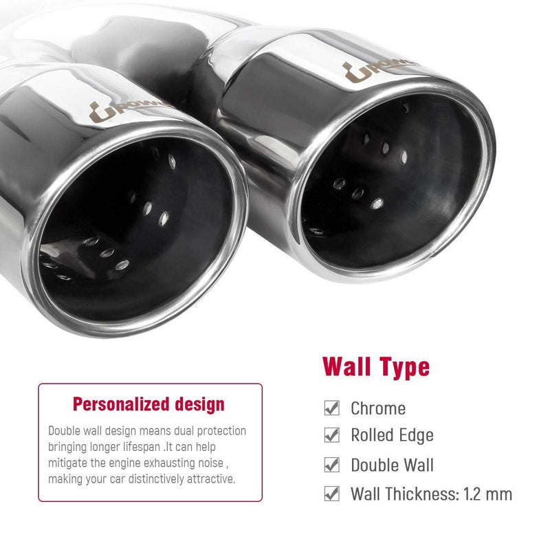 Upower 2.5" to 3" Dual Exhaust Tip 2 1/2 Inch Inlet 3 Inch Outlet 9.5" Length Weld On Exhaust Tailpipe Tips 304 Polished Stainless Steel 1.2mm Thickness Double Wall Slant Rolled Edge - Image 5
